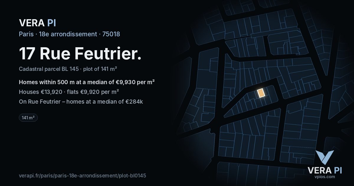 17 Rue Feutrier, 18e arrondissement at night – the plot lit, the parcels around coloured by the prices near them