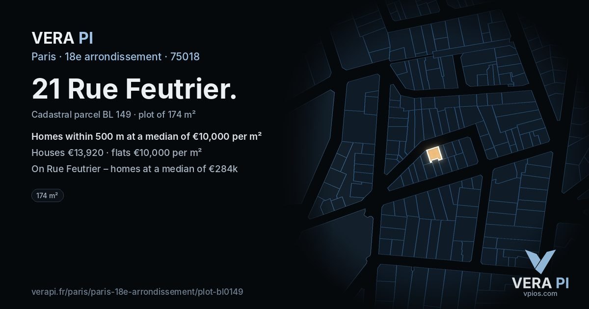 21 Rue Feutrier, 18e arrondissement at night – the plot lit, the parcels around coloured by the prices near them