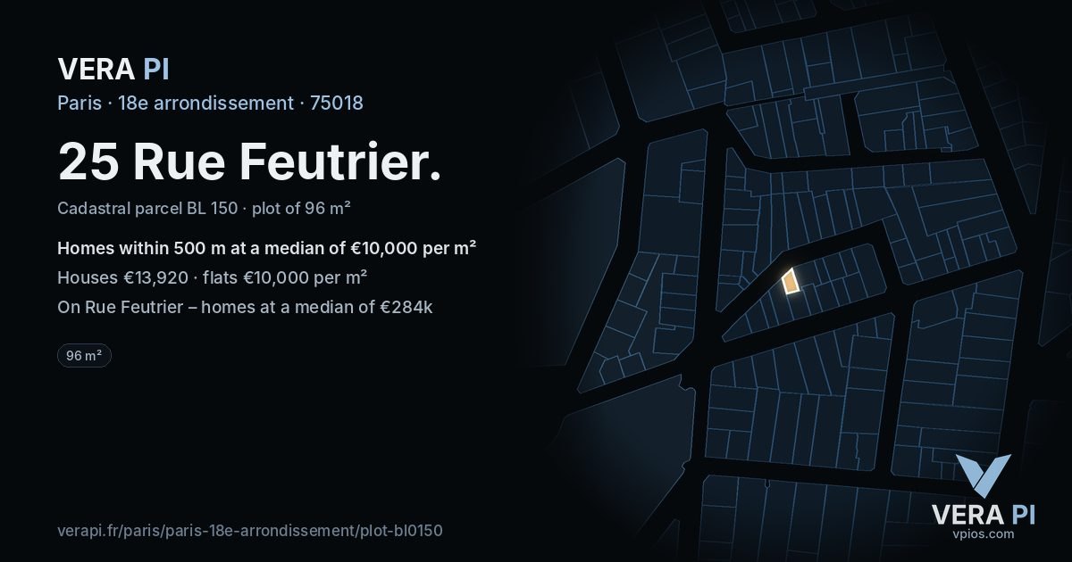 25 Rue Feutrier, 18e arrondissement at night – the plot lit, the parcels around coloured by the prices near them