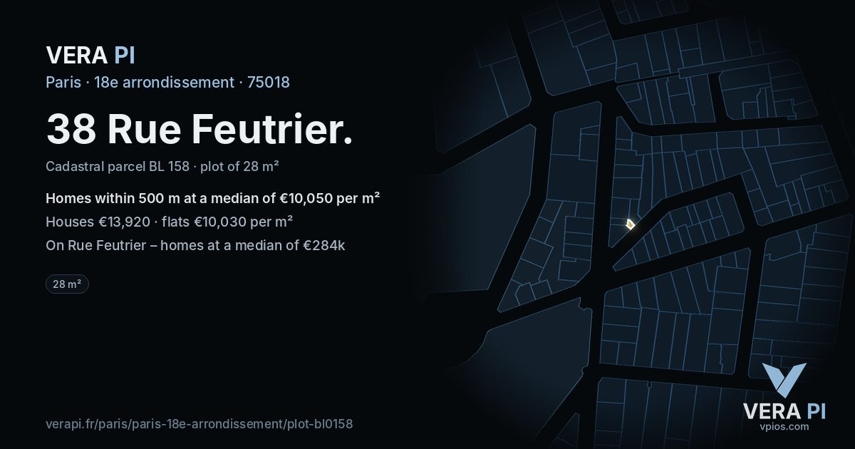 38 Rue Feutrier, 18e arrondissement at night – the plot lit, the parcels around coloured by the prices near them