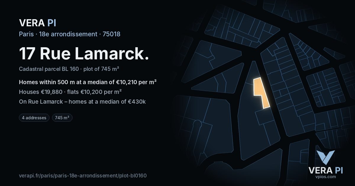 17 Rue Lamarck, 18e arrondissement at night – the plot lit, the parcels around coloured by the prices near them