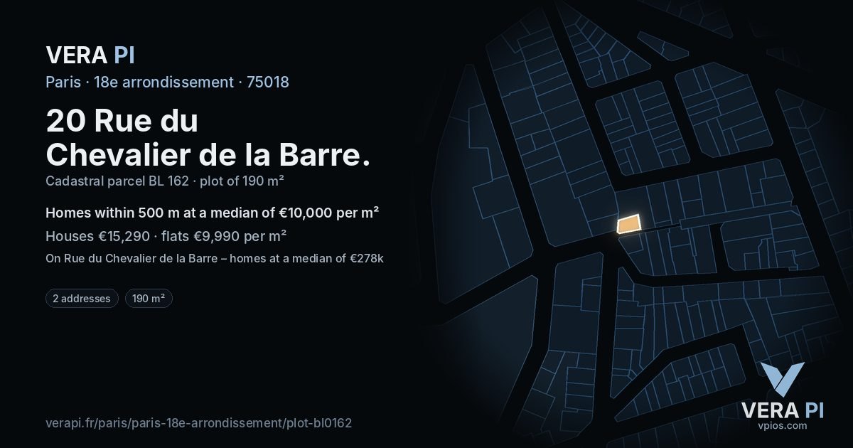 20 Rue du Chevalier de la Barre, 18e arrondissement at night – the plot lit, the parcels around coloured by the prices near them