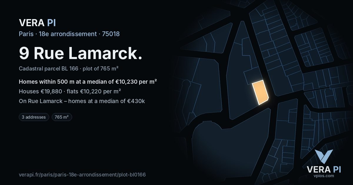 9 Rue Lamarck, 18e arrondissement at night – the plot lit, the parcels around coloured by the prices near them