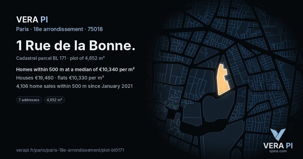 1 Rue de la Bonne, 18e arrondissement at night – the plot lit, the parcels around coloured by the prices near them