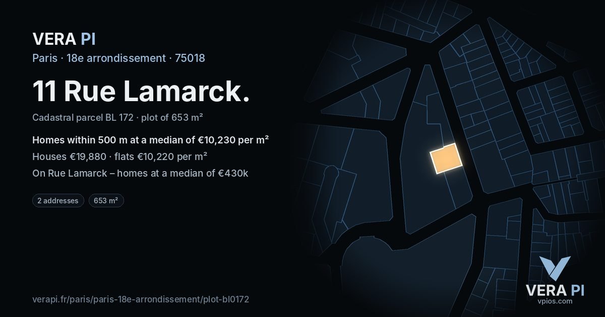 11 Rue Lamarck, 18e arrondissement at night – the plot lit, the parcels around coloured by the prices near them