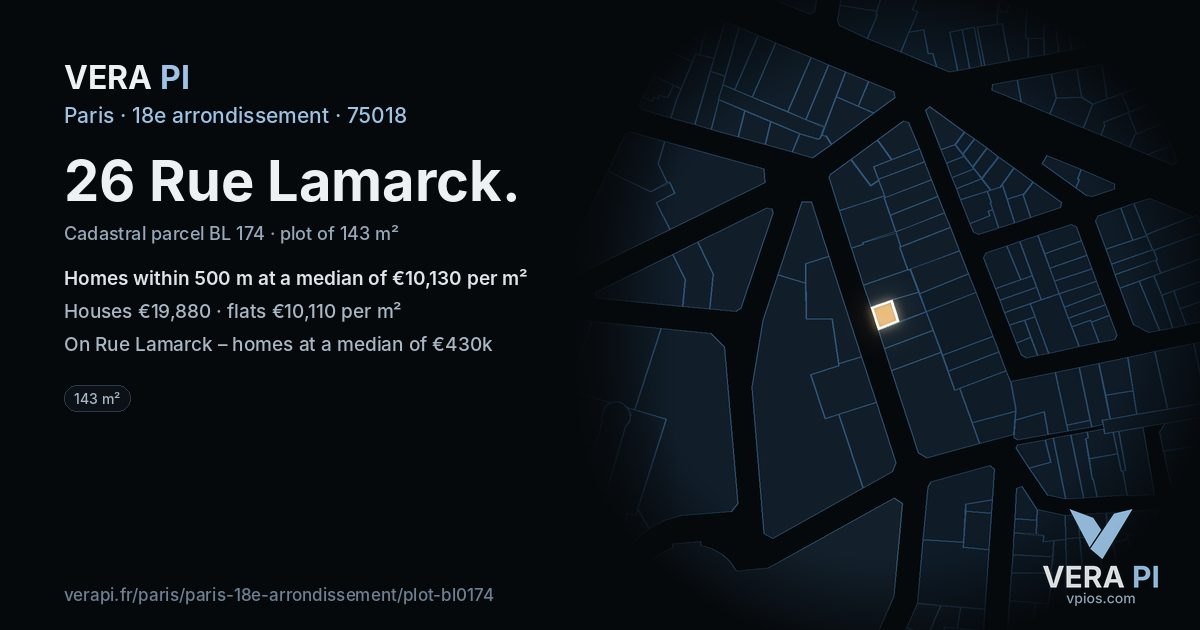 26 Rue Lamarck, 18e arrondissement at night – the plot lit, the parcels around coloured by the prices near them