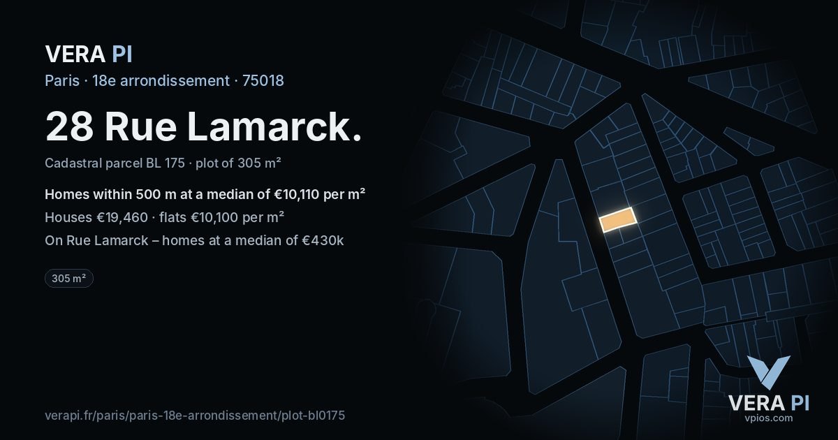 28 Rue Lamarck, 18e arrondissement at night – the plot lit, the parcels around coloured by the prices near them