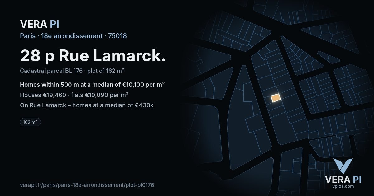 28 p Rue Lamarck, 18e arrondissement at night – the plot lit, the parcels around coloured by the prices near them