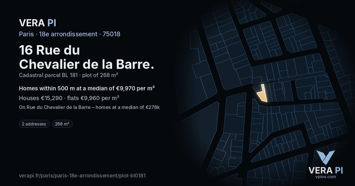 16 Rue du Chevalier de la Barre, 18e arrondissement at night – the plot lit, the parcels around coloured by the prices near them