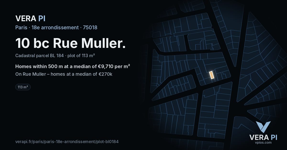 10 bc Rue Muller, 18e arrondissement at night – the plot lit, the parcels around coloured by the prices near them