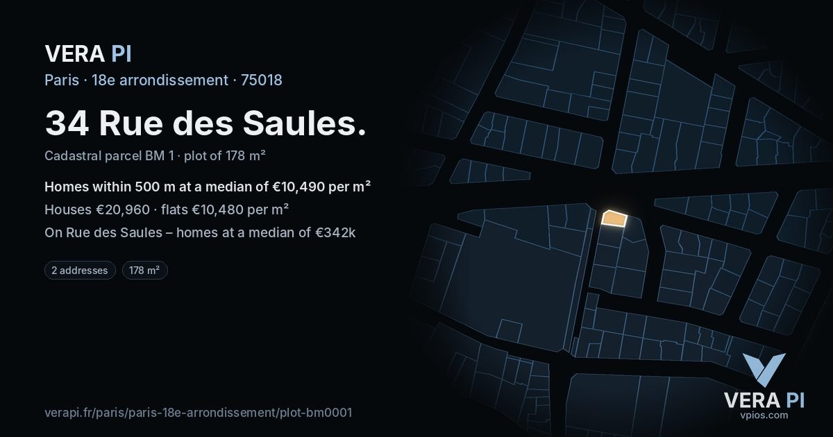 34 Rue des Saules, 18e arrondissement at night – the plot lit, the parcels around coloured by the prices near them