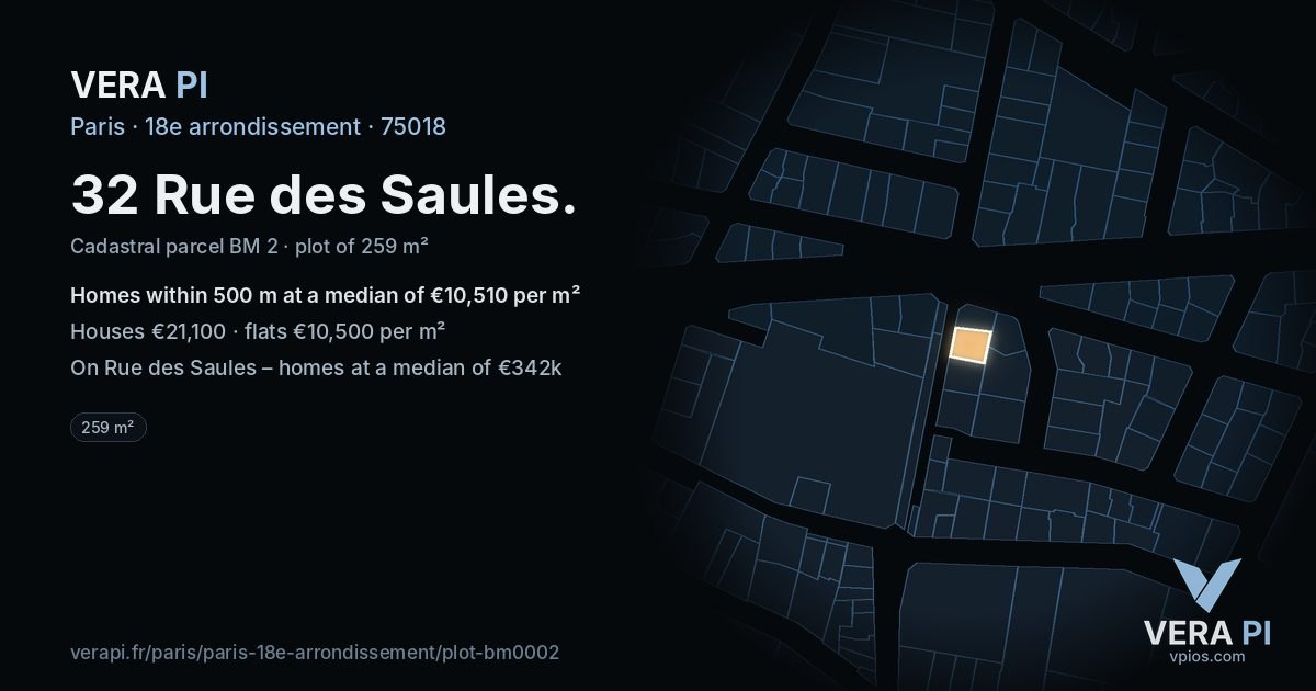 32 Rue des Saules, 18e arrondissement at night – the plot lit, the parcels around coloured by the prices near them