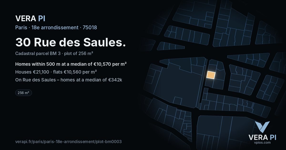 30 Rue des Saules, 18e arrondissement at night – the plot lit, the parcels around coloured by the prices near them