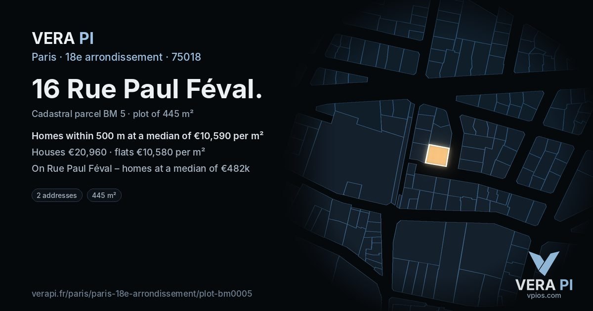 16 Rue Paul Féval, 18e arrondissement at night – the plot lit, the parcels around coloured by the prices near them