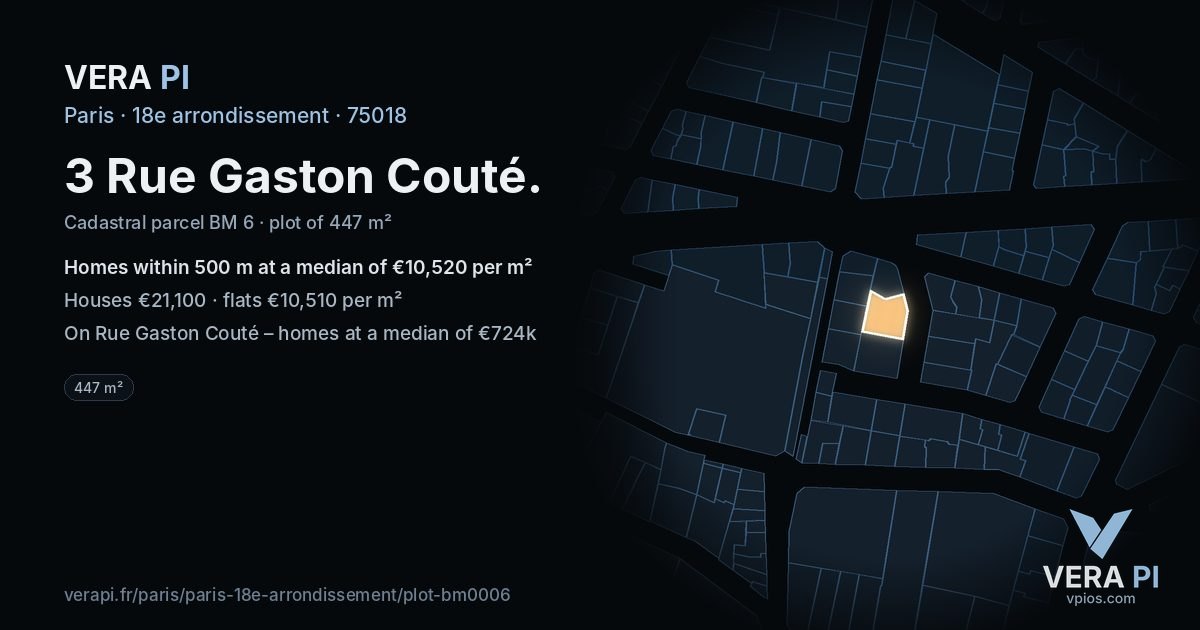 3 Rue Gaston Couté, 18e arrondissement at night – the plot lit, the parcels around coloured by the prices near them
