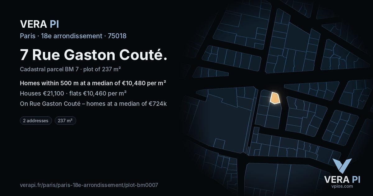 7 Rue Gaston Couté, 18e arrondissement at night – the plot lit, the parcels around coloured by the prices near them