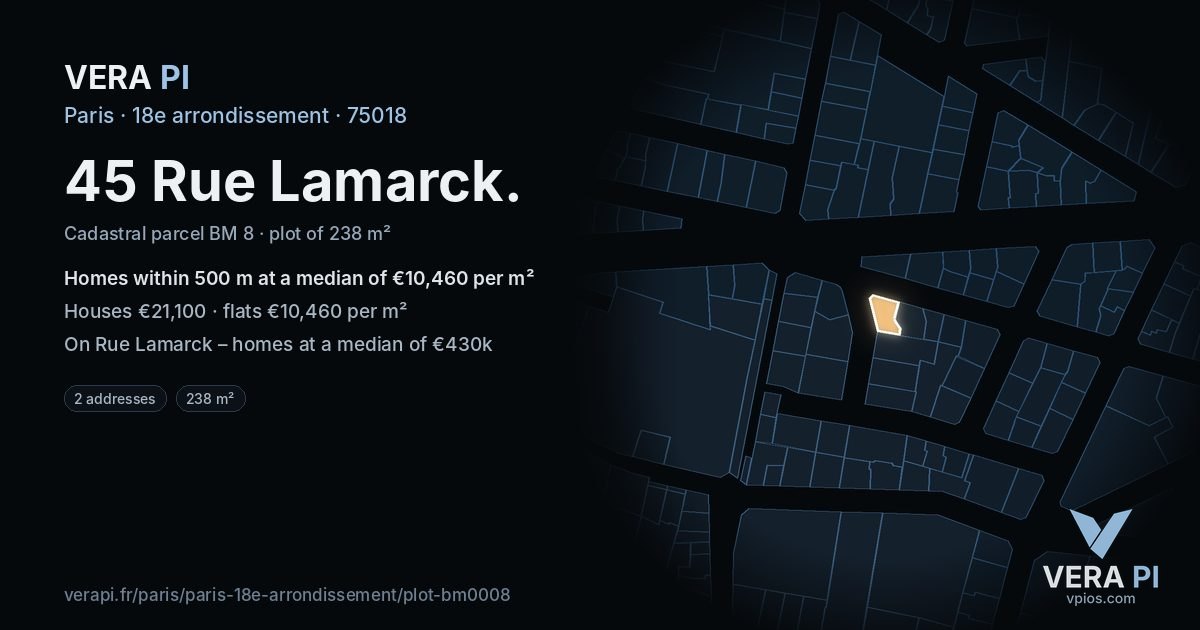 45 Rue Lamarck, 18e arrondissement at night – the plot lit, the parcels around coloured by the prices near them