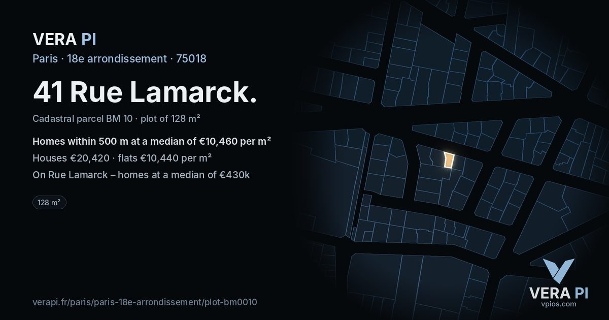 41 Rue Lamarck, 18e arrondissement at night – the plot lit, the parcels around coloured by the prices near them