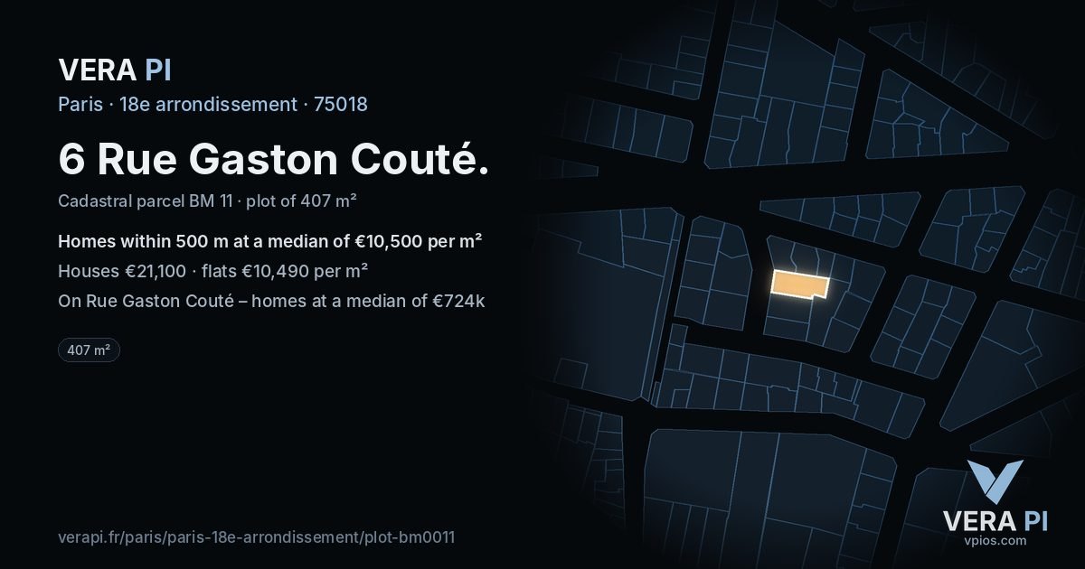 6 Rue Gaston Couté, 18e arrondissement at night – the plot lit, the parcels around coloured by the prices near them