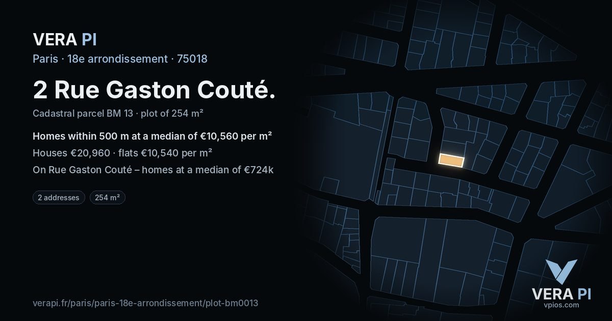 2 Rue Gaston Couté, 18e arrondissement at night – the plot lit, the parcels around coloured by the prices near them