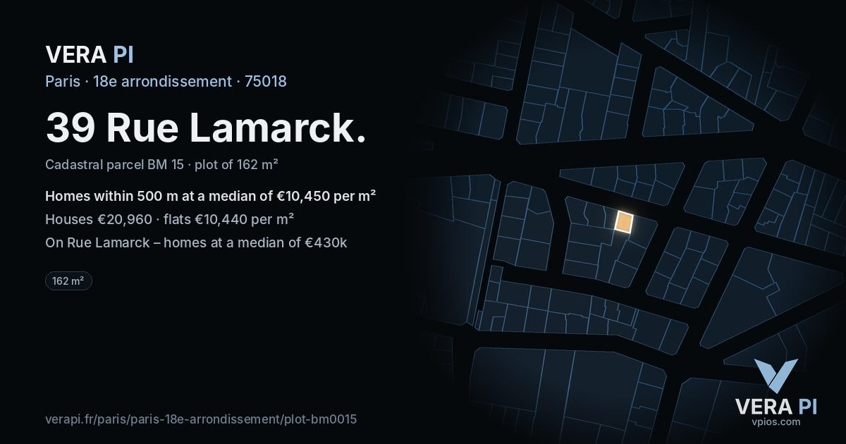 39 Rue Lamarck, 18e arrondissement at night – the plot lit, the parcels around coloured by the prices near them