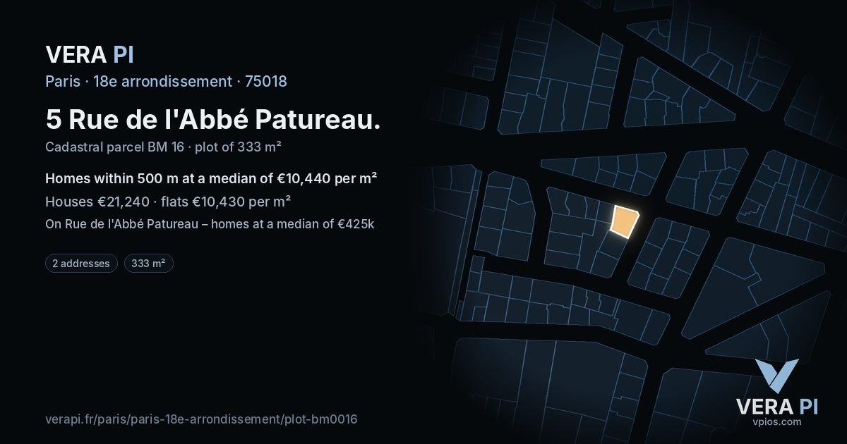 5 Rue de l'Abbé Patureau, 18e arrondissement at night – the plot lit, the parcels around coloured by the prices near them