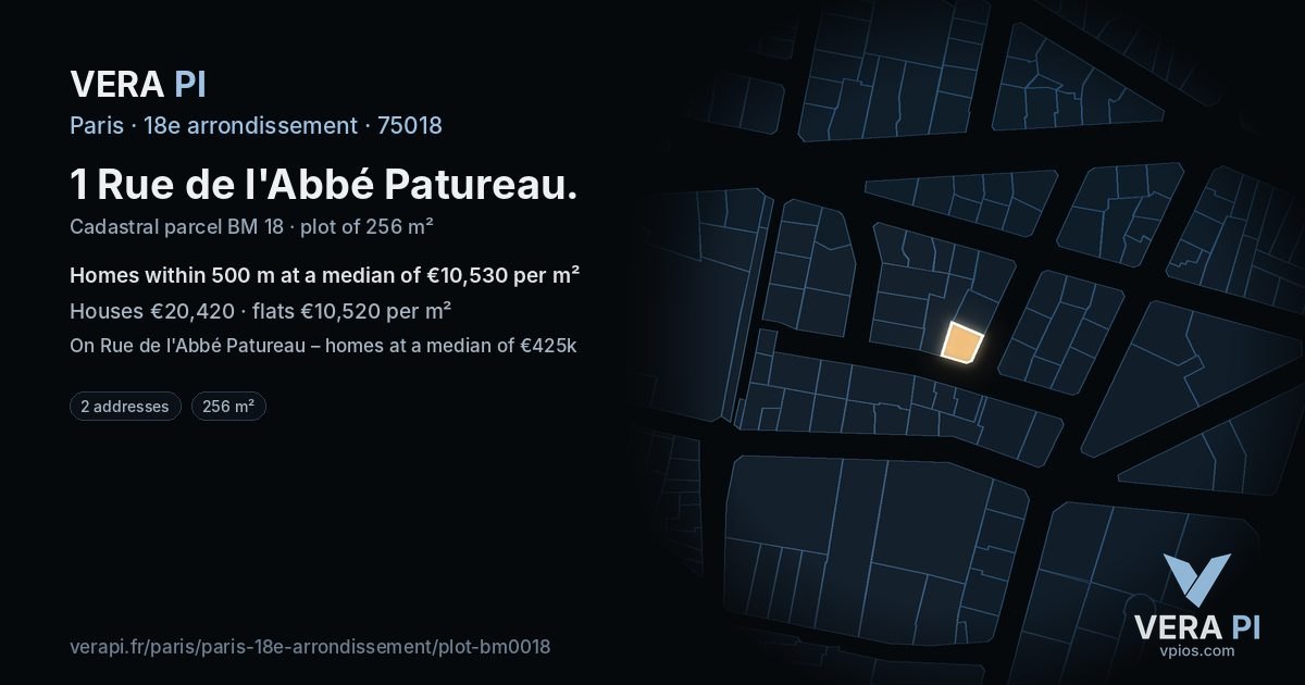 1 Rue de l'Abbé Patureau, 18e arrondissement at night – the plot lit, the parcels around coloured by the prices near them
