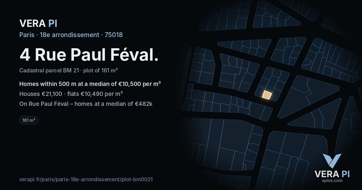 4 Rue Paul Féval, 18e arrondissement at night – the plot lit, the parcels around coloured by the prices near them
