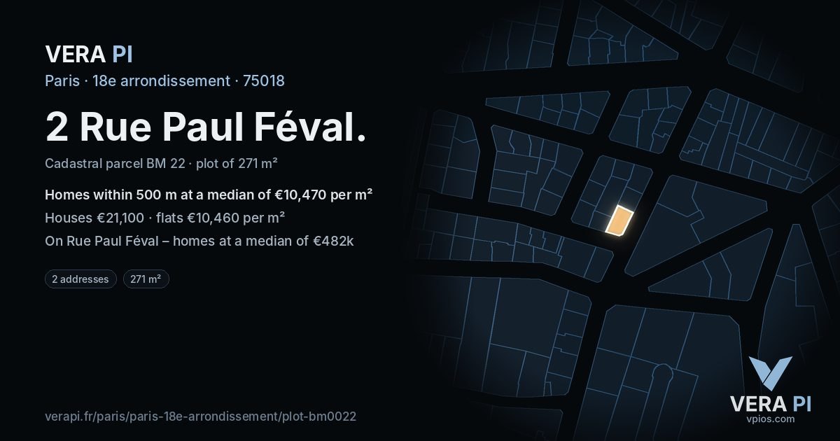 2 Rue Paul Féval, 18e arrondissement at night – the plot lit, the parcels around coloured by the prices near them