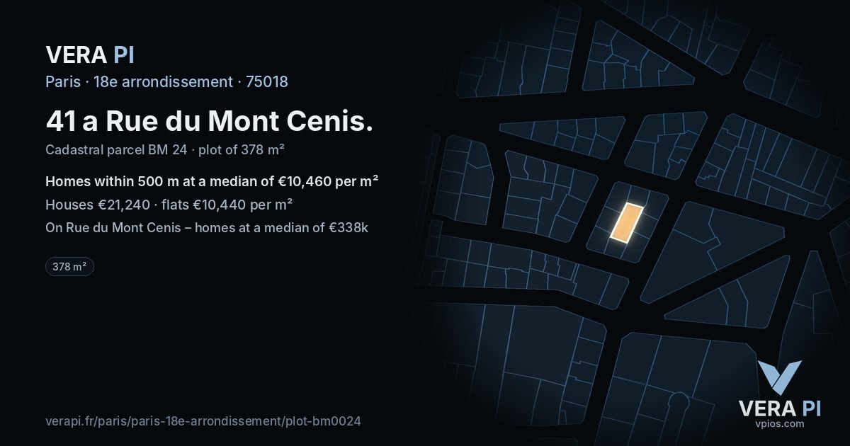 41 a Rue du Mont Cenis, 18e arrondissement at night – the plot lit, the parcels around coloured by the prices near them