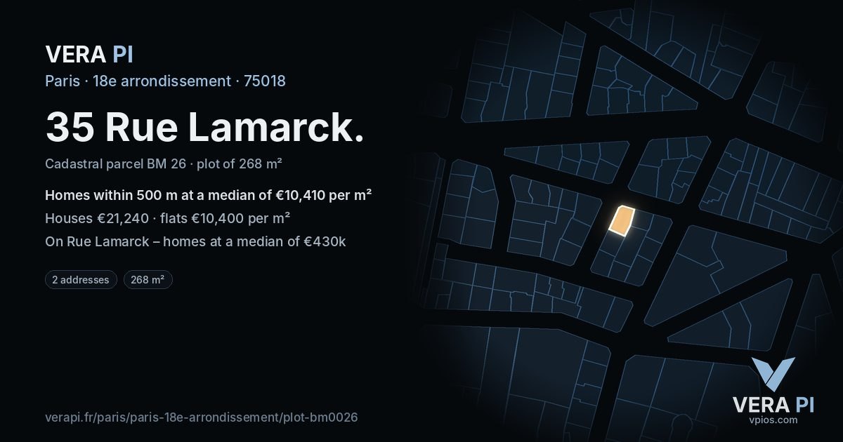 35 Rue Lamarck, 18e arrondissement at night – the plot lit, the parcels around coloured by the prices near them
