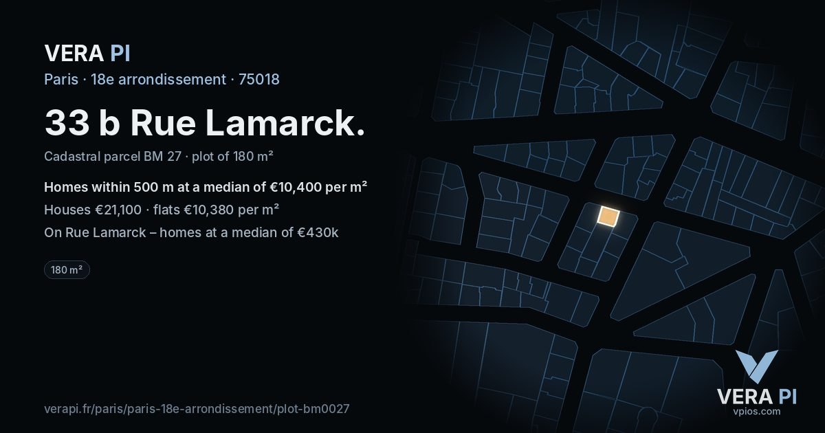 33 b Rue Lamarck, 18e arrondissement at night – the plot lit, the parcels around coloured by the prices near them