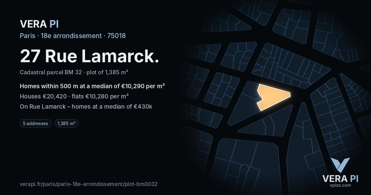 27 Rue Lamarck, 18e arrondissement at night – the plot lit, the parcels around coloured by the prices near them