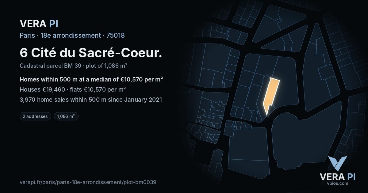 6 Cité du Sacré-Coeur, 18e arrondissement at night – the plot lit, the parcels around coloured by the prices near them