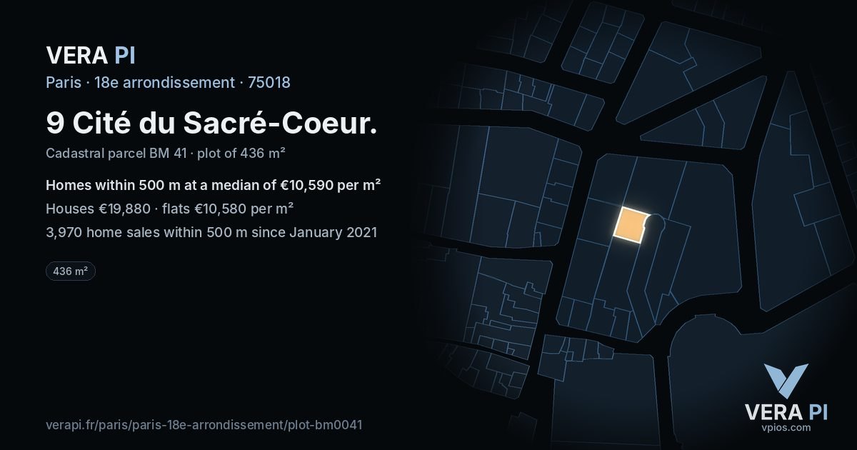 9 Cité du Sacré-Coeur, 18e arrondissement at night – the plot lit, the parcels around coloured by the prices near them