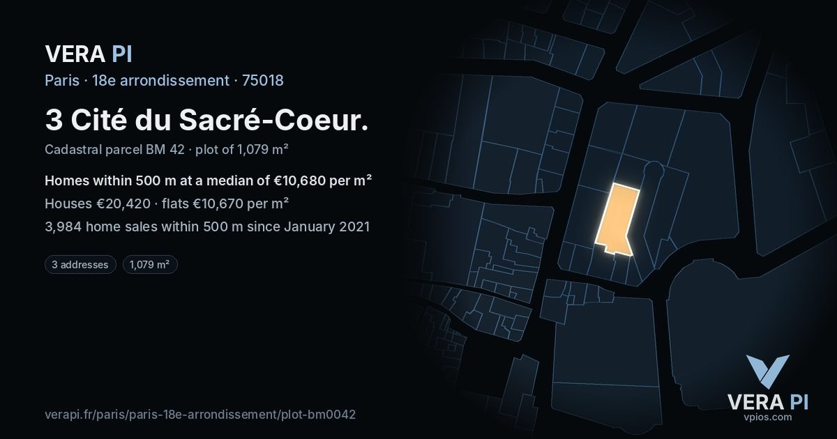 3 Cité du Sacré-Coeur, 18e arrondissement at night – the plot lit, the parcels around coloured by the prices near them