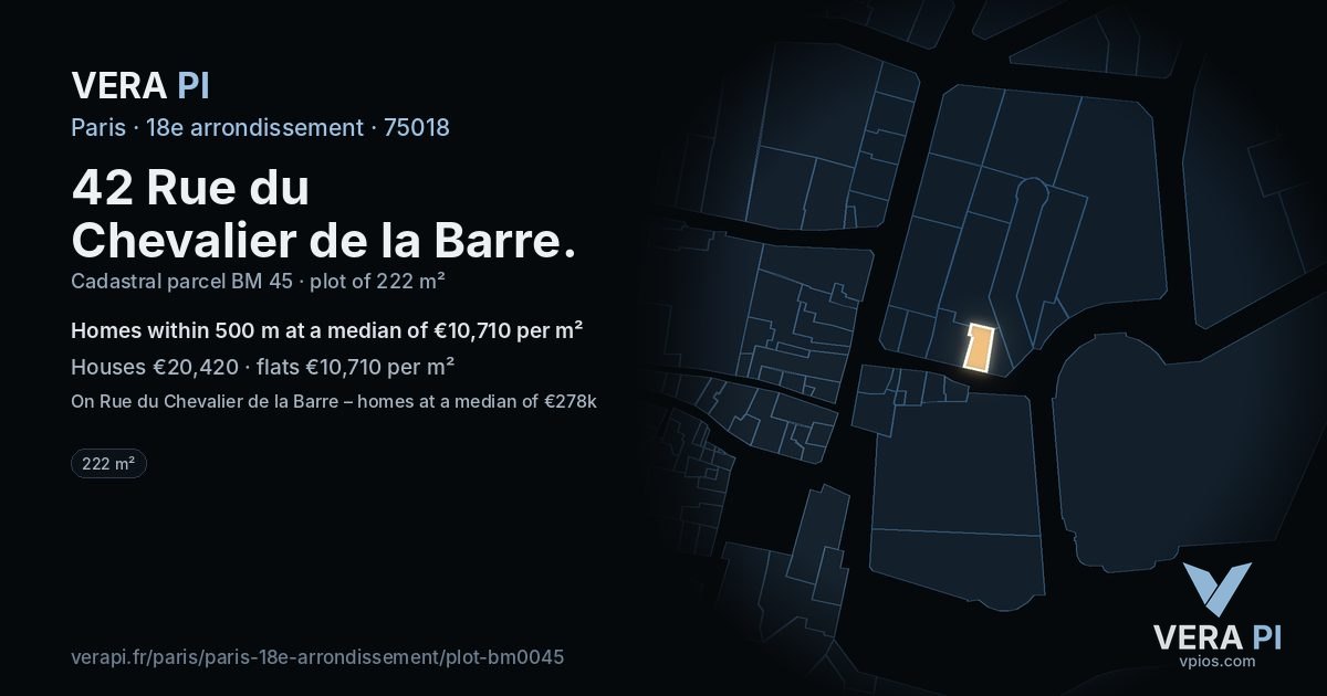42 Rue du Chevalier de la Barre, 18e arrondissement at night – the plot lit, the parcels around coloured by the prices near them