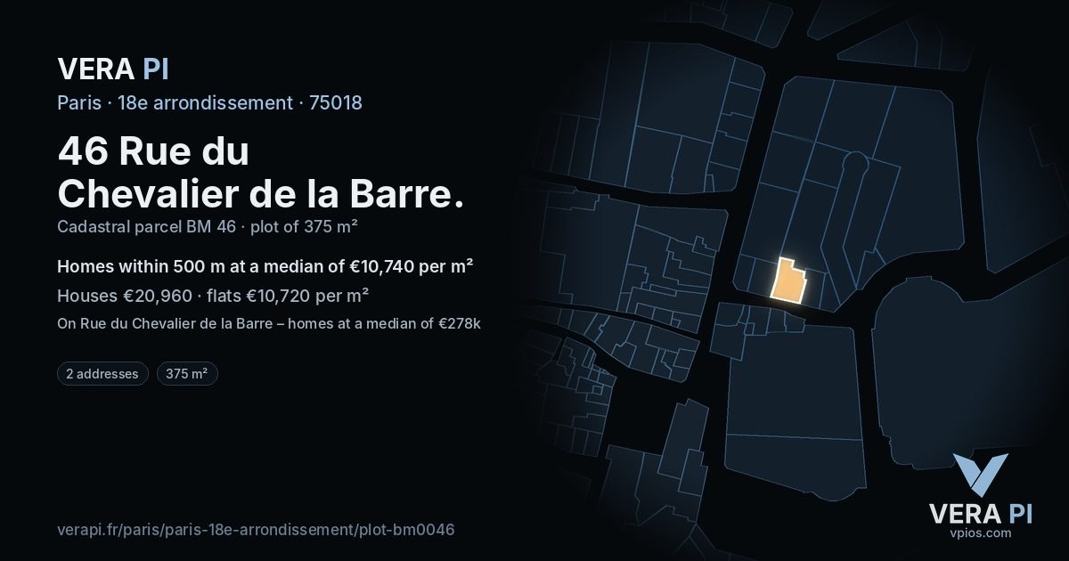 46 Rue du Chevalier de la Barre, 18e arrondissement at night – the plot lit, the parcels around coloured by the prices near them