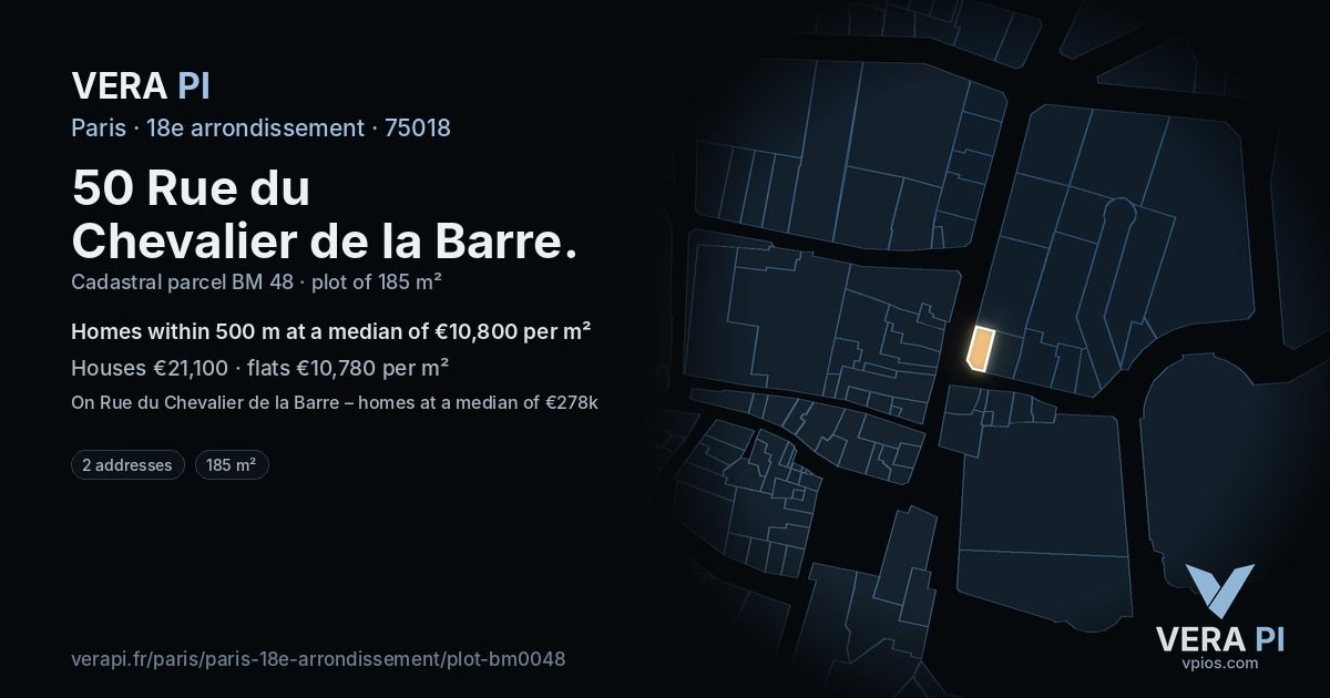 50 Rue du Chevalier de la Barre, 18e arrondissement at night – the plot lit, the parcels around coloured by the prices near them
