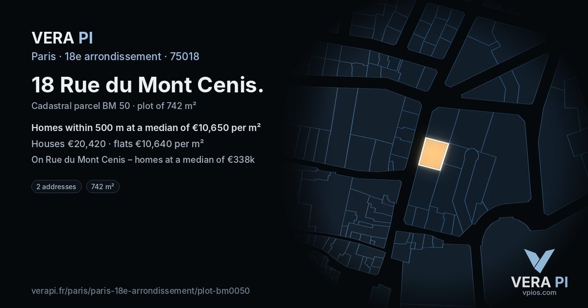 18 Rue du Mont Cenis, 18e arrondissement at night – the plot lit, the parcels around coloured by the prices near them