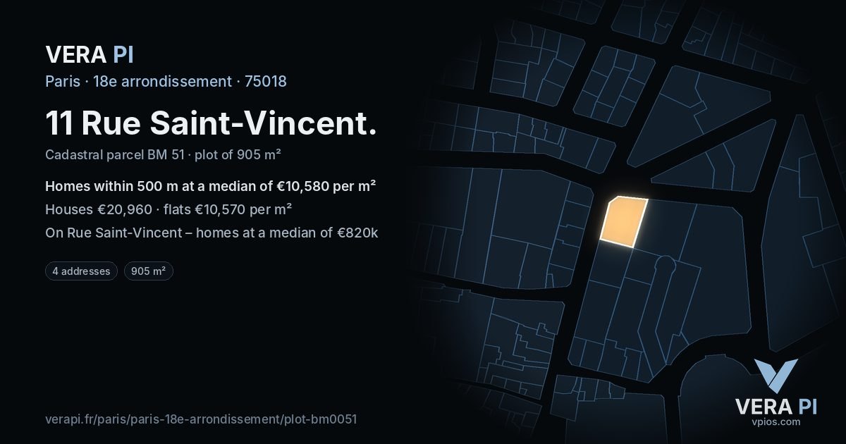 11 Rue Saint-Vincent, 18e arrondissement at night – the plot lit, the parcels around coloured by the prices near them