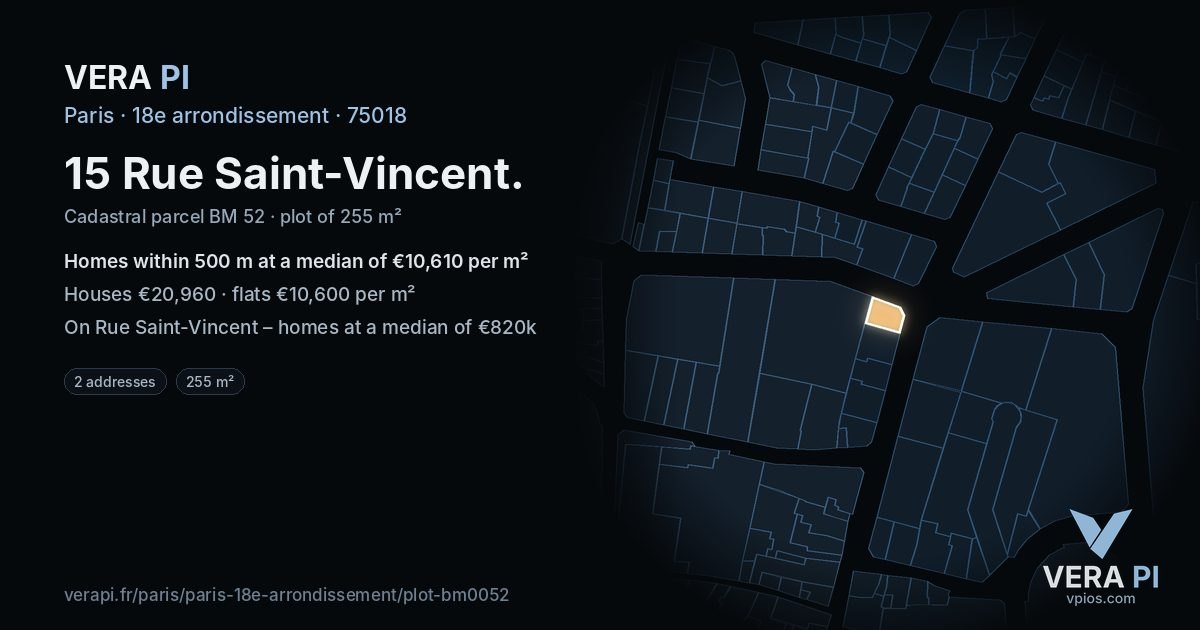 15 Rue Saint-Vincent, 18e arrondissement at night – the plot lit, the parcels around coloured by the prices near them