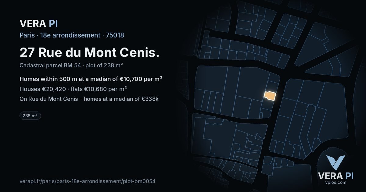 27 Rue du Mont Cenis, 18e arrondissement at night – the plot lit, the parcels around coloured by the prices near them
