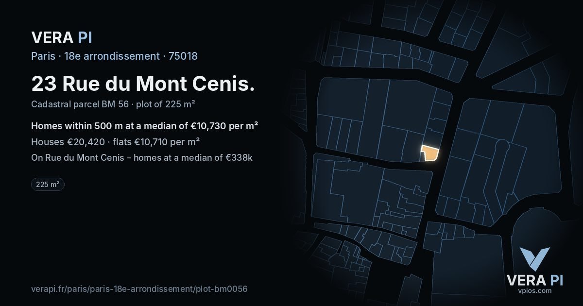 23 Rue du Mont Cenis, 18e arrondissement at night – the plot lit, the parcels around coloured by the prices near them