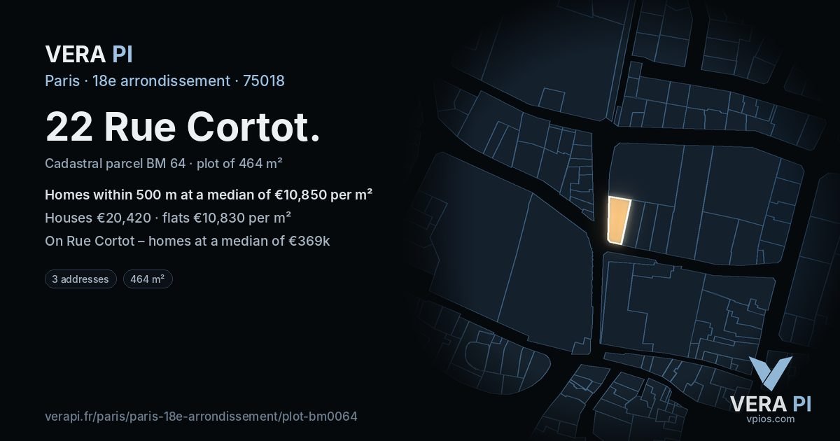 22 Rue Cortot, 18e arrondissement at night – the plot lit, the parcels around coloured by the prices near them