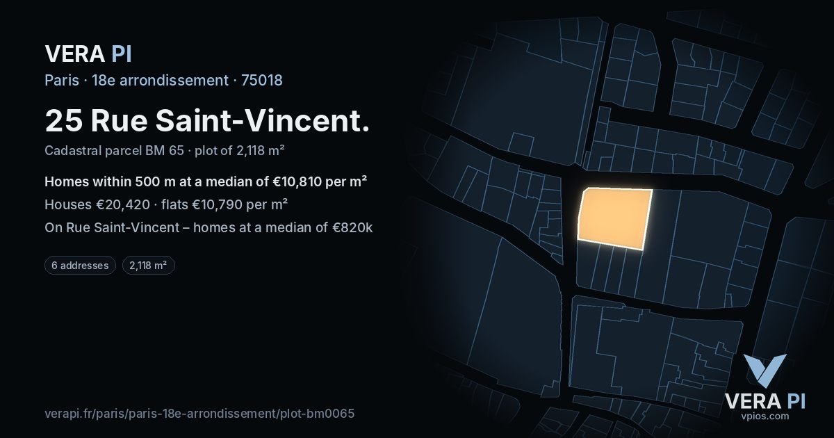 25 Rue Saint-Vincent, 18e arrondissement at night – the plot lit, the parcels around coloured by the prices near them