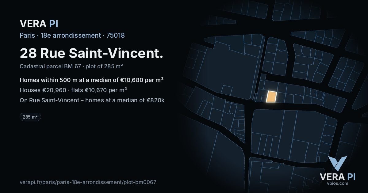 28 Rue Saint-Vincent, 18e arrondissement at night – the plot lit, the parcels around coloured by the prices near them