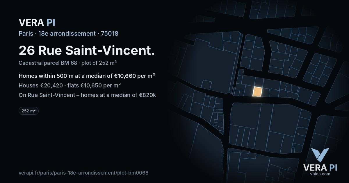 26 Rue Saint-Vincent, 18e arrondissement at night – the plot lit, the parcels around coloured by the prices near them