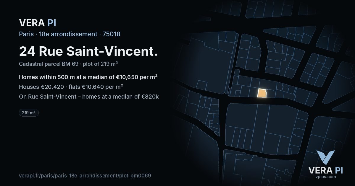 24 Rue Saint-Vincent, 18e arrondissement at night – the plot lit, the parcels around coloured by the prices near them