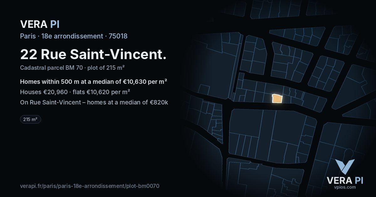 22 Rue Saint-Vincent, 18e arrondissement at night – the plot lit, the parcels around coloured by the prices near them